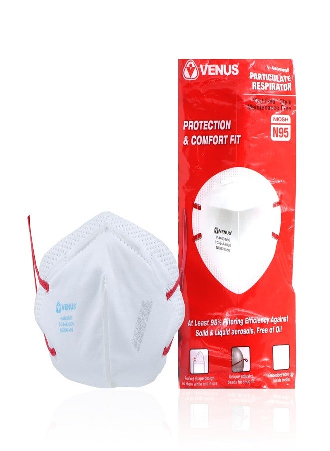 فينوس قناع التنفس الطبي VENUS V-4400N95 NIOSH N-95، تصميم قابل للطي للجنسين، لون أبيض، يستخدمه المتخصصون الطبيون وللحماية من العوامل البكتيرية (عبوة من 50 قطعة). - Image 4